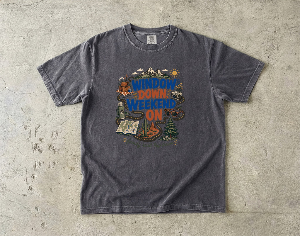 Window Down Weekend On Road Trip Shirt in Pepper – flat lay