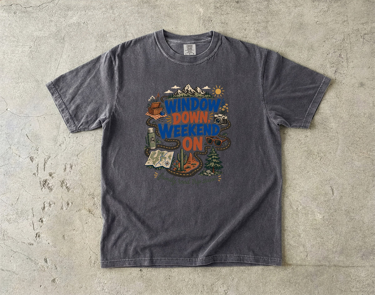 Window Down Weekend On Road Trip Shirt in Pepper – flat lay