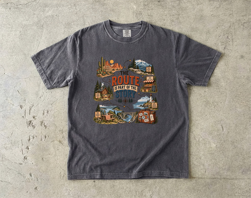 The Route Is Part of the Story Road Trip Shirt in Pepper – flat lay
