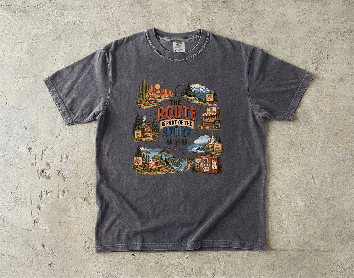 The Route Is Part of the Story Road Trip Shirt in Pepper – flat lay