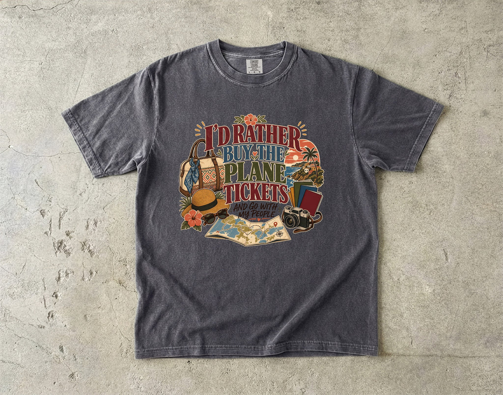 I'd Rather Buy the Plane Tickets Travel Mom Shirt in Pepper – flat lay