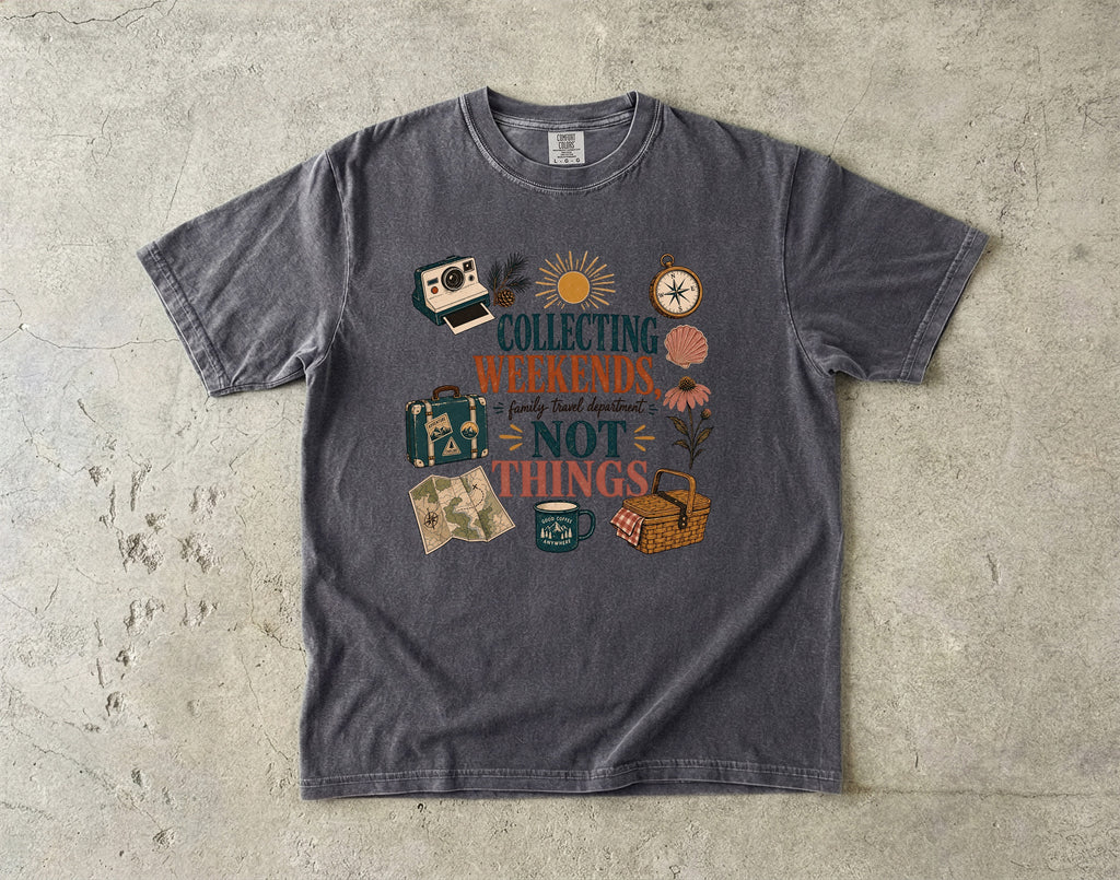 Collecting Weekends Not Things Family Getaway Shirt in Pepper – flat lay