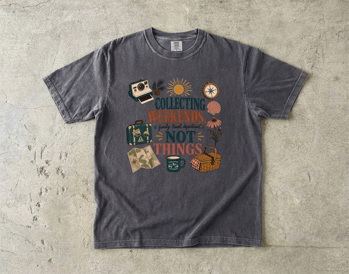 Collecting Weekends Not Things Family Getaway Shirt in Pepper – flat lay