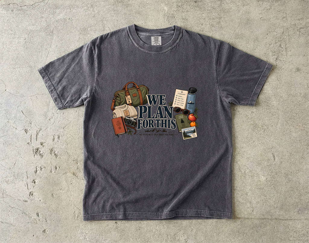 We Plan for This Family Getaway Shirt in Pepper – flat lay
