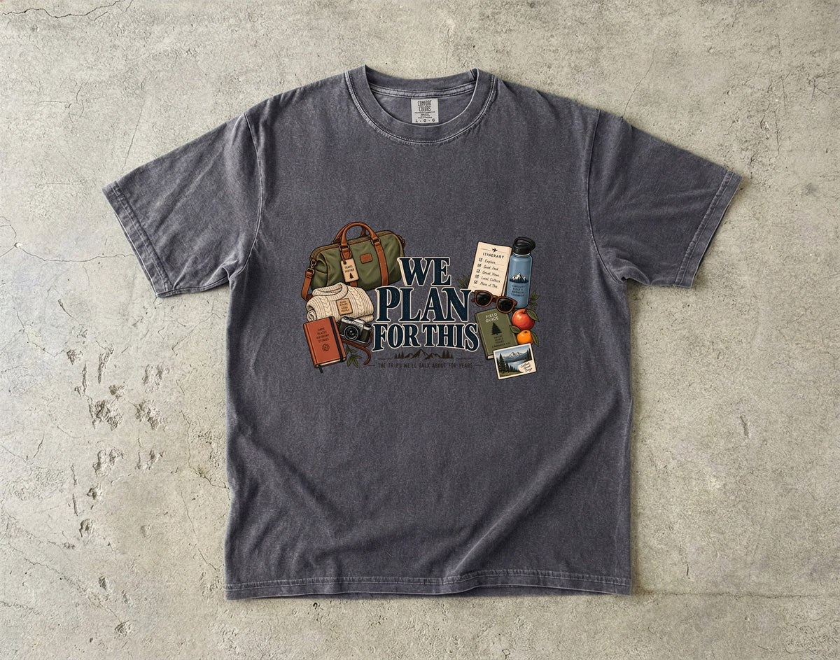 We Plan for This Family Getaway Shirt in Pepper – flat lay