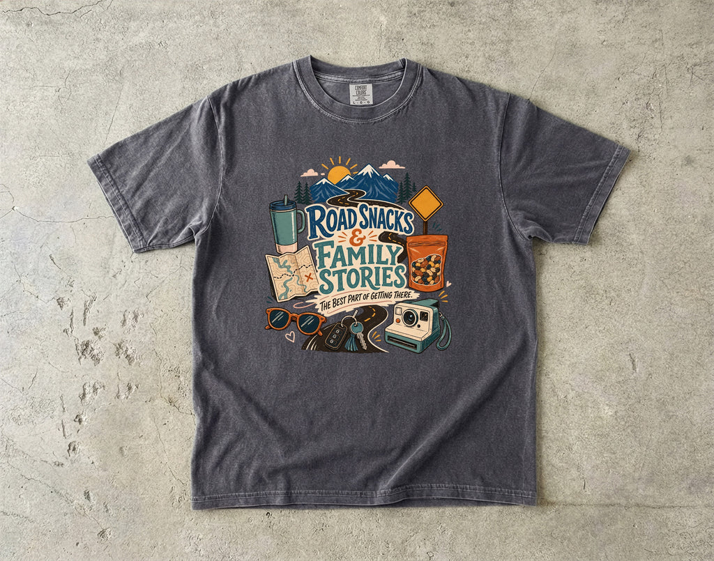 Road Snacks and Family Stories Road Trip Shirt in Pepper – flat lay