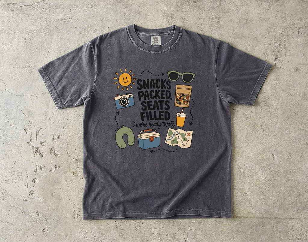 Snacks Packed Seats Filled Road Trip Shirt in Pepper – flat lay