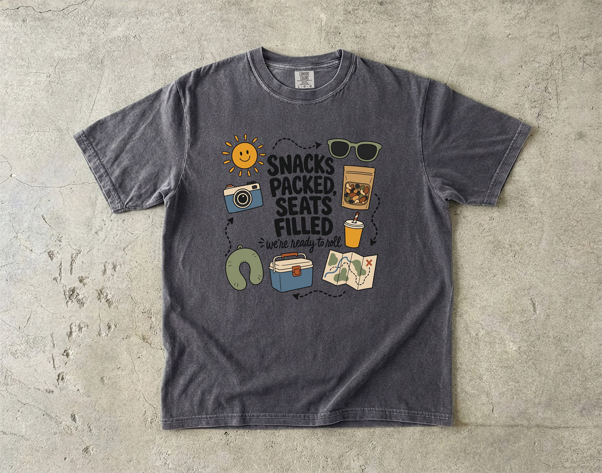 Snacks Packed Seats Filled Road Trip Shirt in Pepper – flat lay