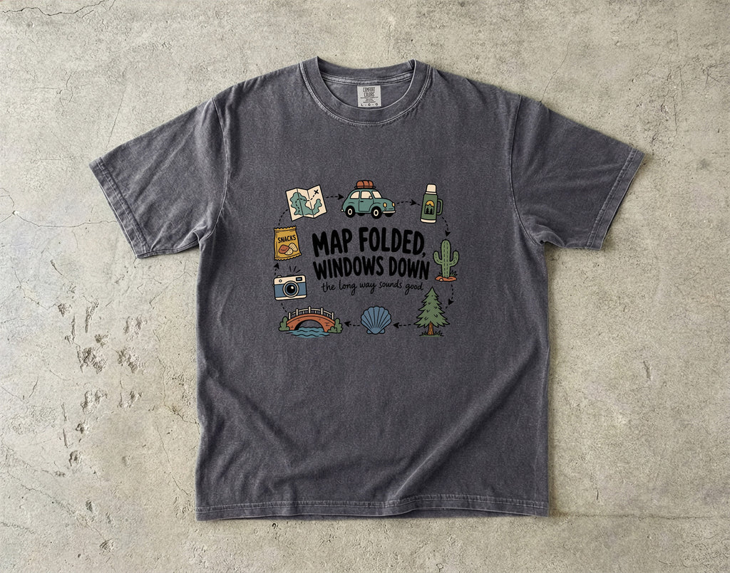 Map Folded Windows Down Road Trip Shirt in Pepper – flat lay
