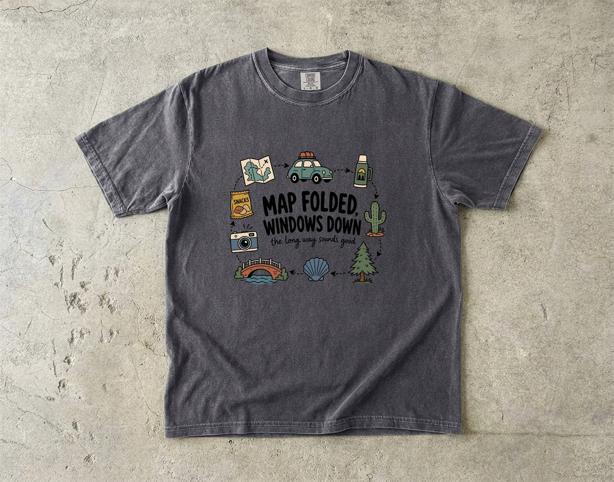 Map Folded Windows Down Road Trip Shirt in Pepper – flat lay