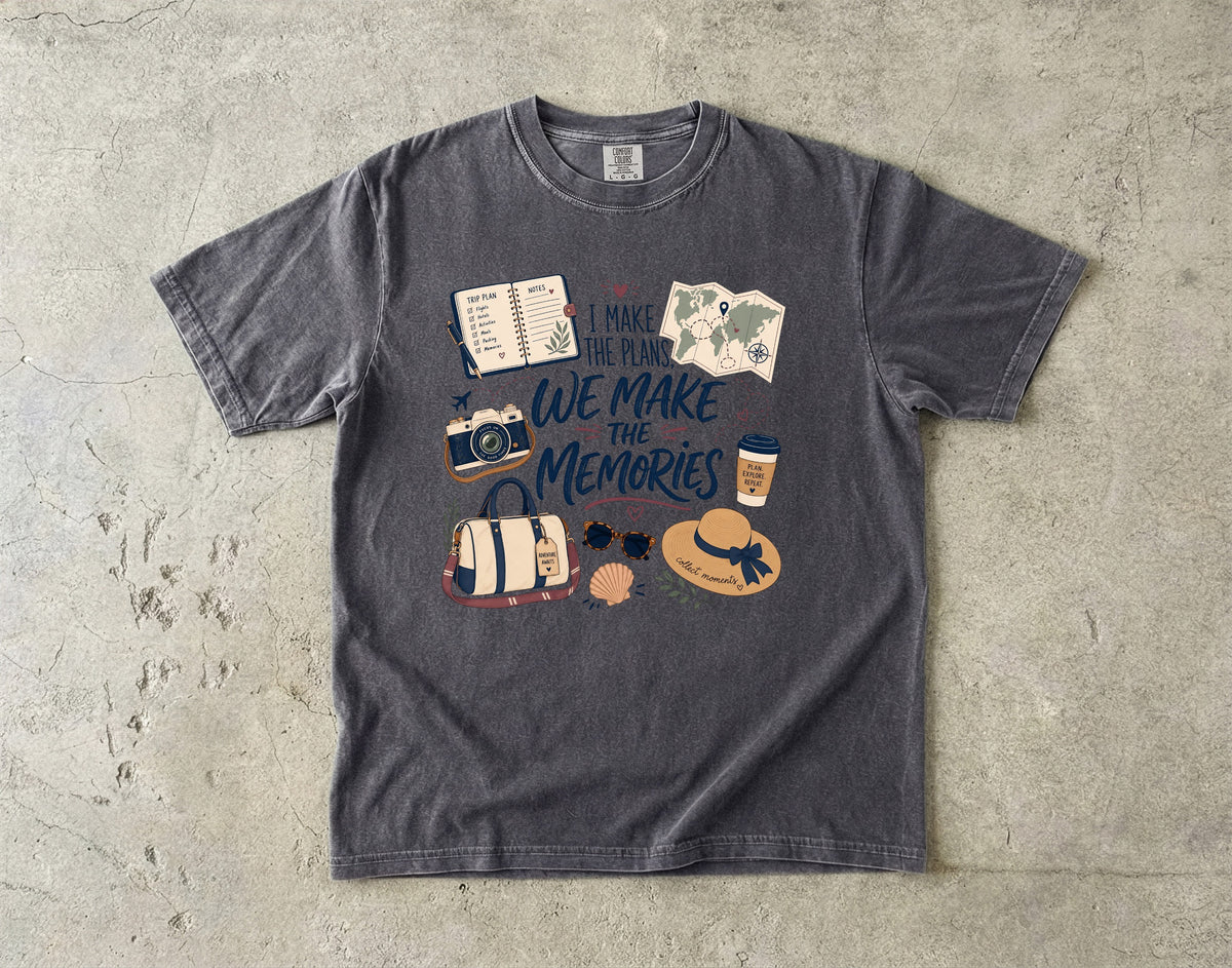I Make the Plans We Make the Memories Travel Mom Shirt in Pepper – flat lay