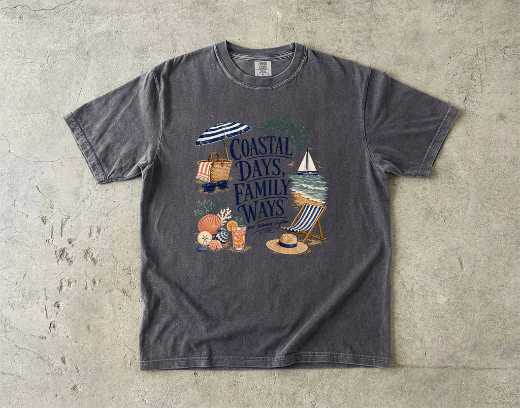 Coastal Days Family Ways Beach Vacation Shirt in Pepper – flat lay