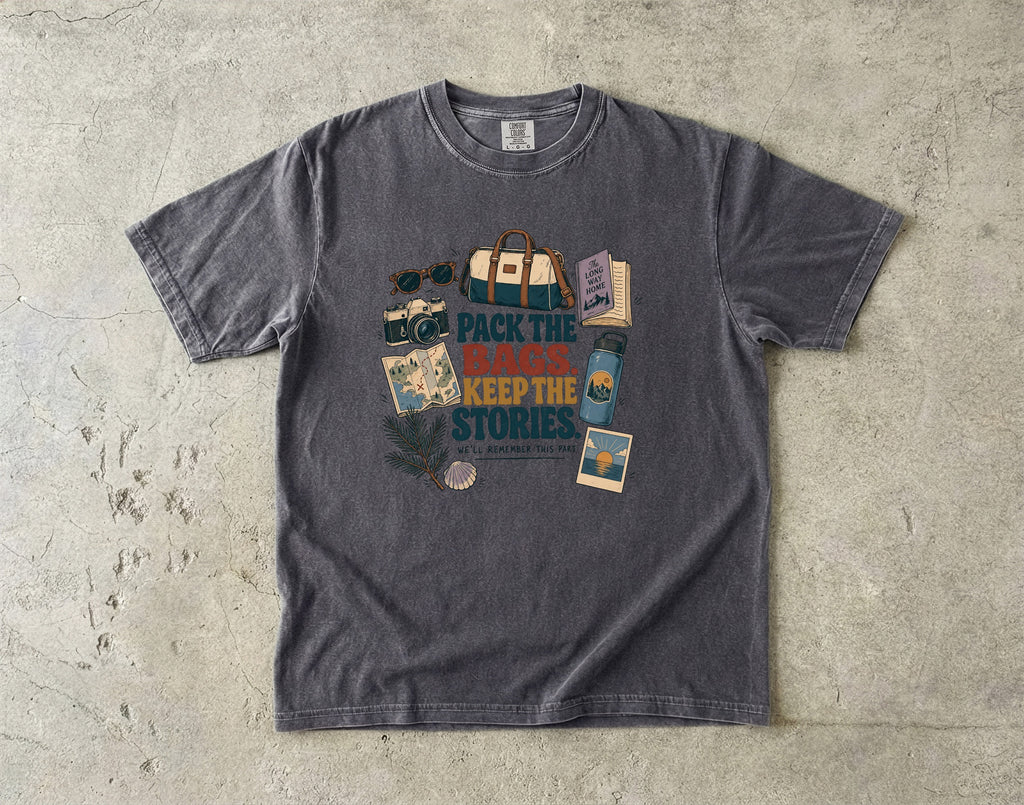 Pack the Bags Keep the Stories Family Getaway Shirt in Pepper – flat lay