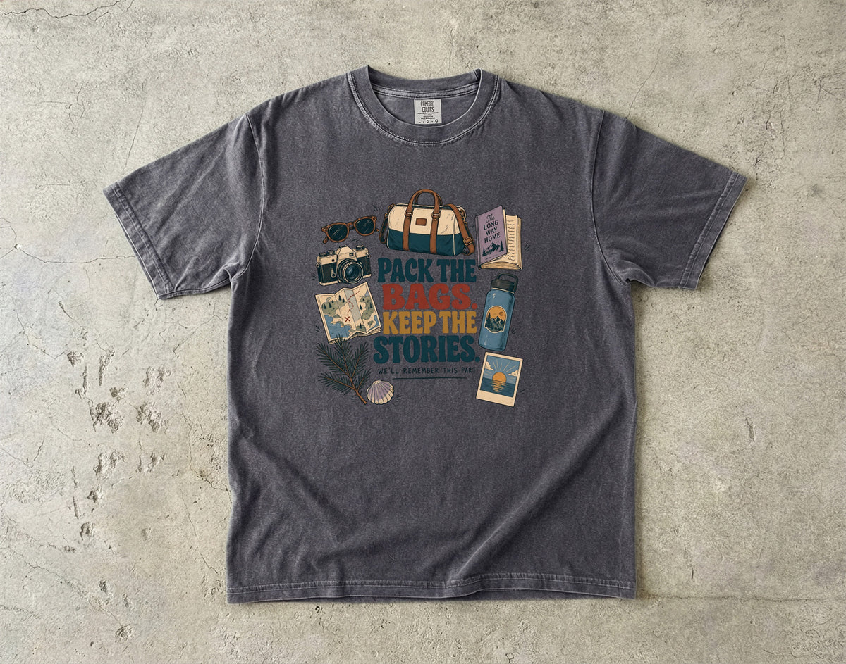 Pack the Bags Keep the Stories Family Getaway Shirt in Pepper – flat lay