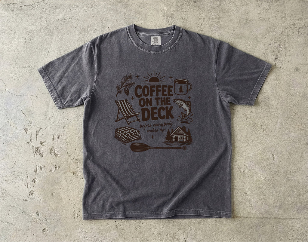 Coffee on the Deck Lake Vacation Shirt in Pepper – flat lay