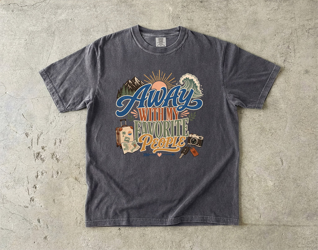 Away with My Favorite People Travel Mom Shirt in Pepper – flat lay