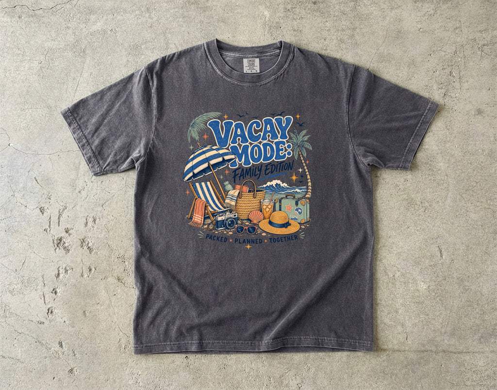 Vacay Mode Family Edition Travel Mom Shirt in Pepper – flat lay