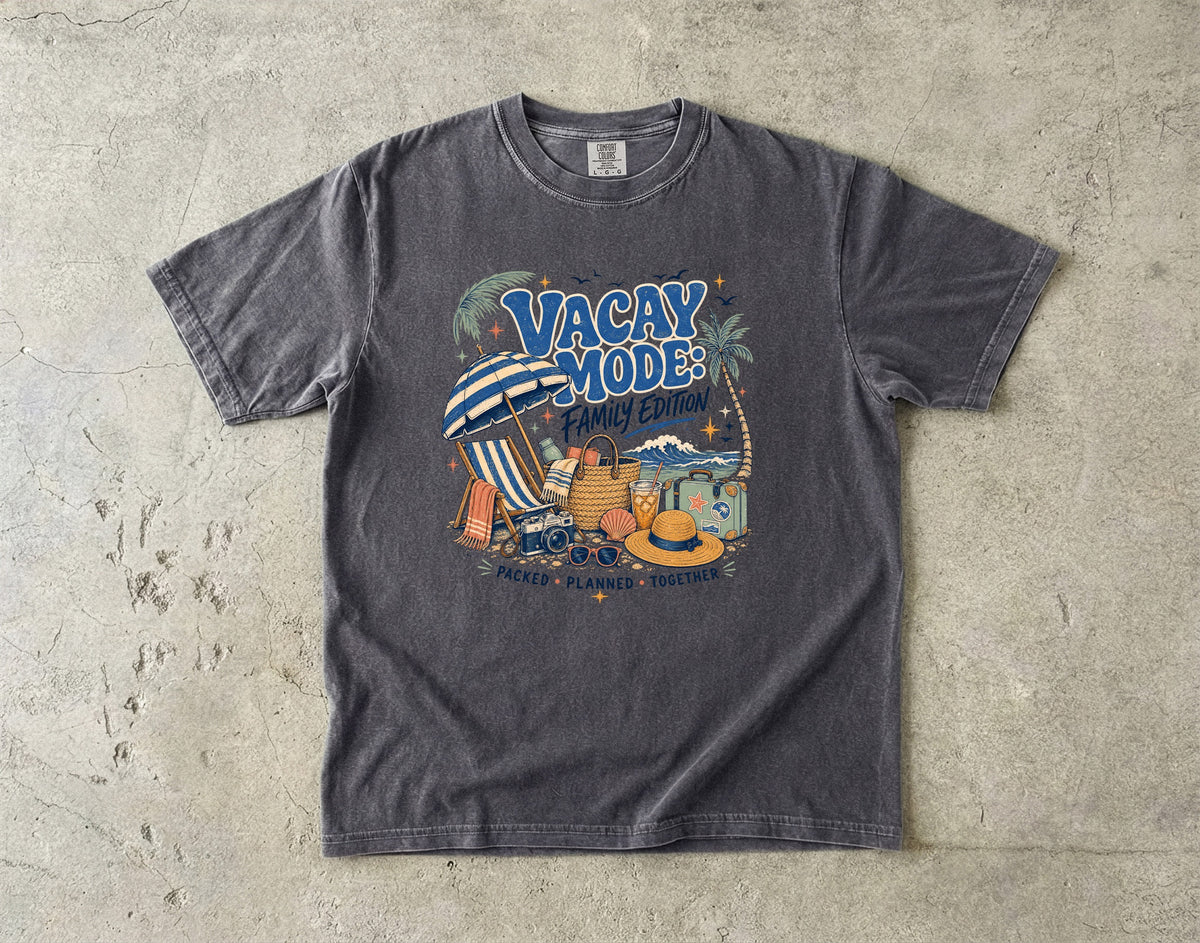Vacay Mode Family Edition Travel Mom Shirt in Pepper – flat lay