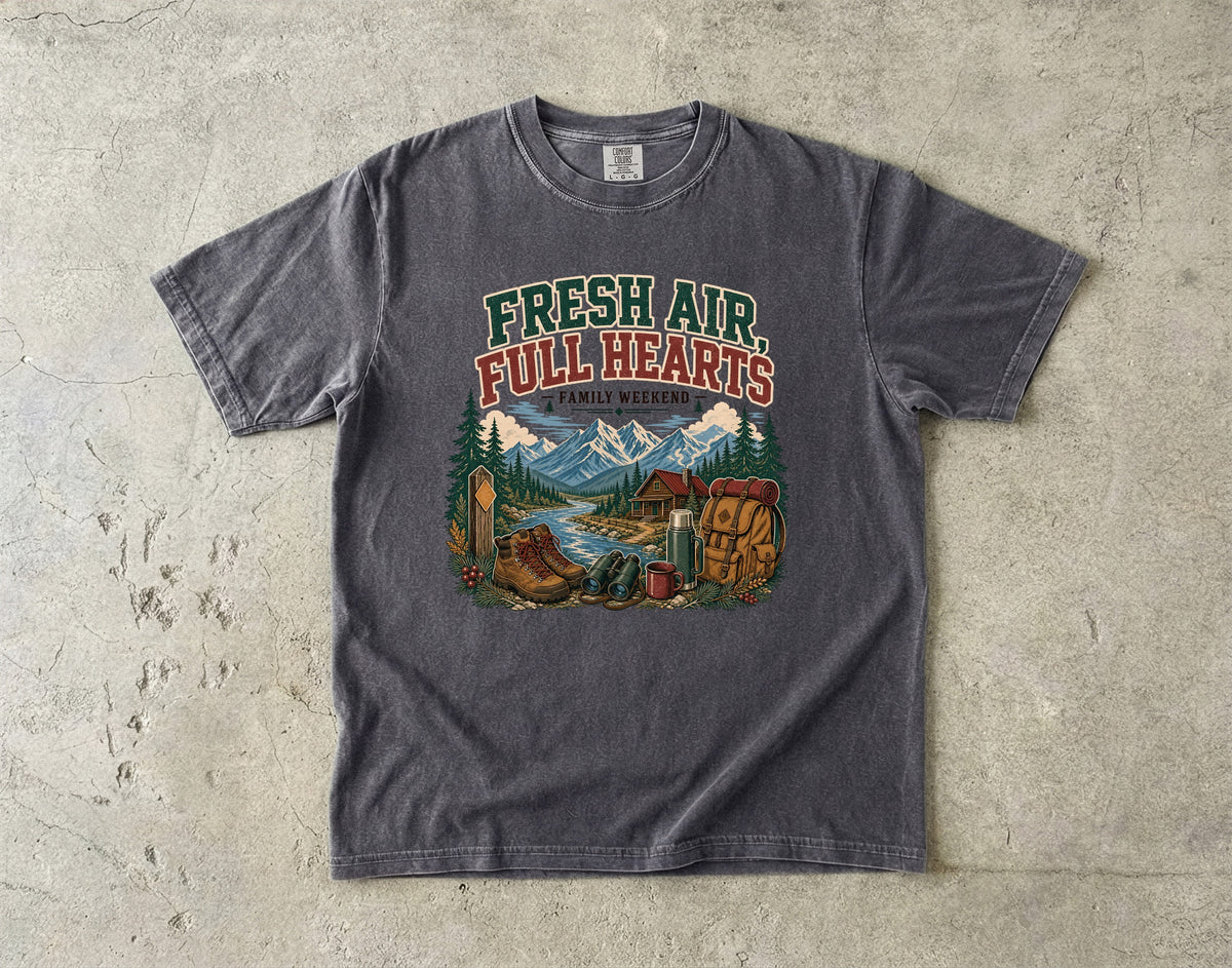 Fresh Air Full Hearts Cabin Weekend Shirt in Pepper – flat lay