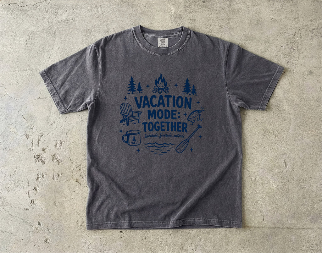 Vacation Mode Together Lake Vacation Shirt in Pepper – flat lay
