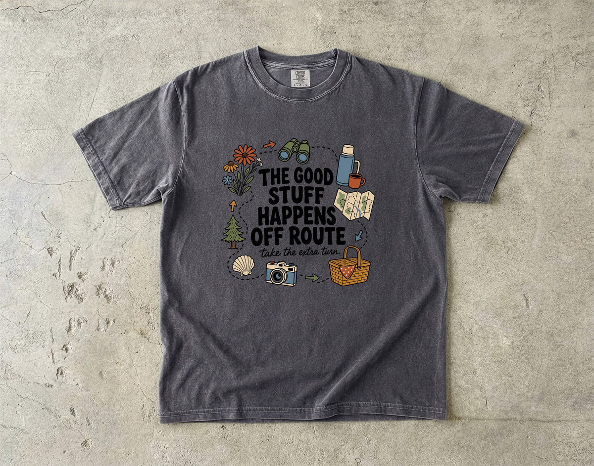 The Good Stuff Happens Off Route Road Trip Shirt in Pepper – flat lay