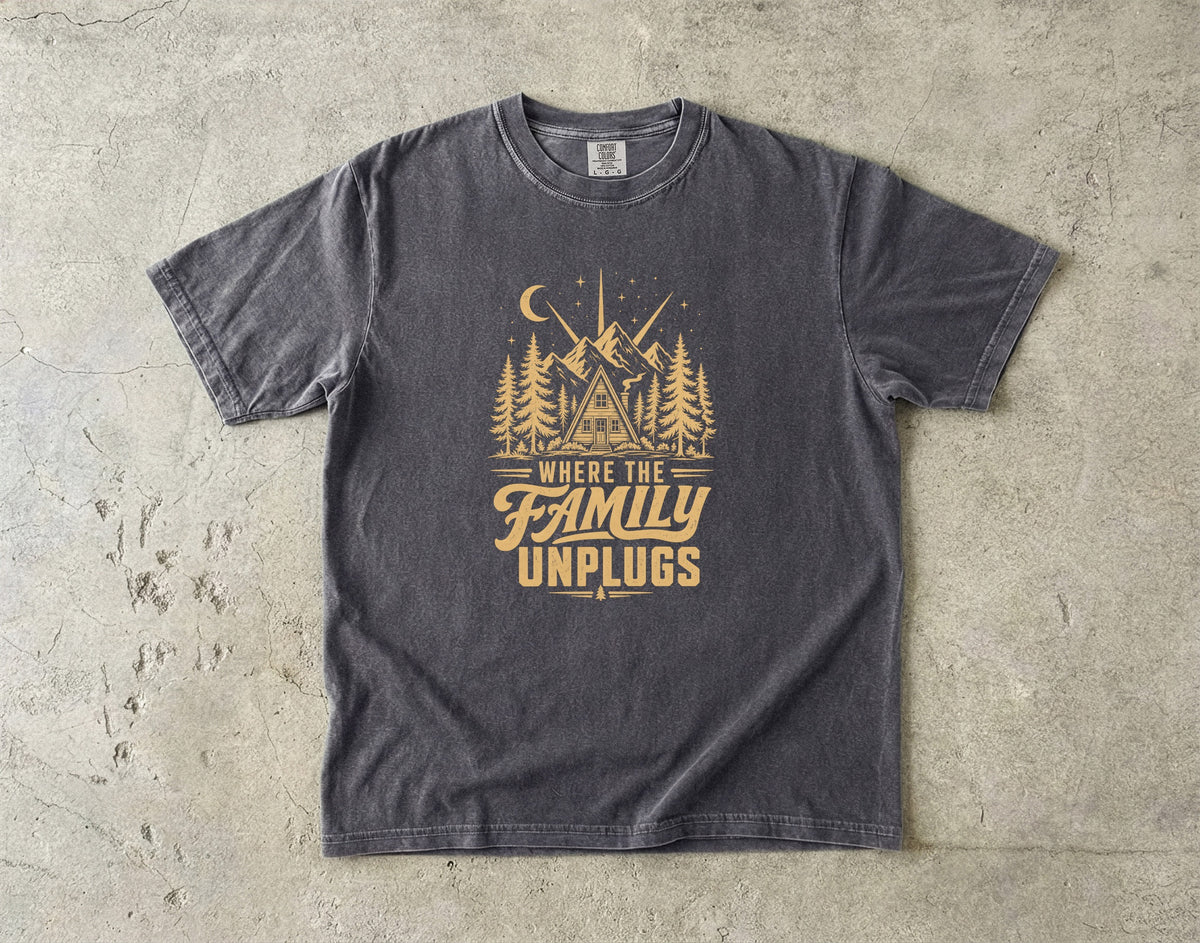 Where the Family Unplugs Cabin Shirt in Pepper – flat lay