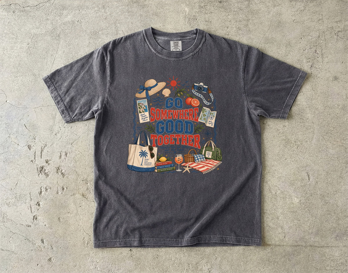 Go Somewhere Good Together Beach Vacation Shirt in Pepper – flat lay