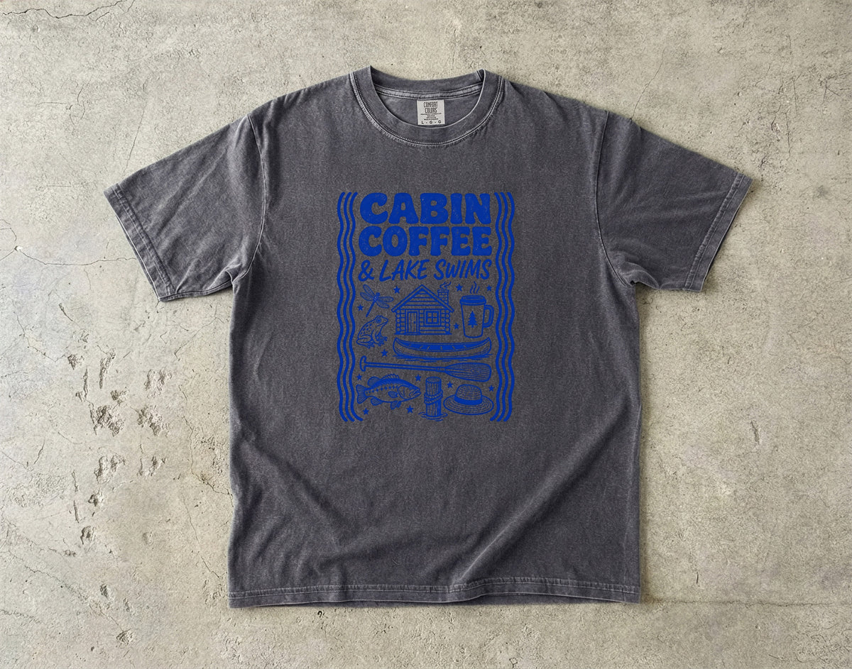 Cabin Coffee and Lake Swims Lake Vacation Shirt in Pepper – flat lay