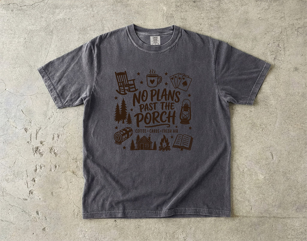 No Plans Past the Porch Cabin Weekend Shirt in Pepper – flat lay