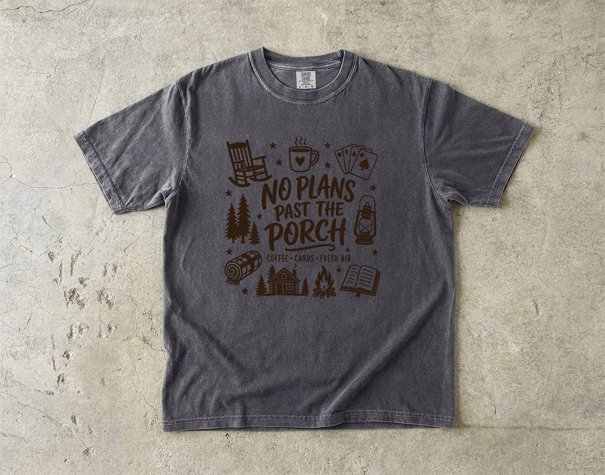 No Plans Past the Porch Cabin Weekend Shirt in Pepper – flat lay