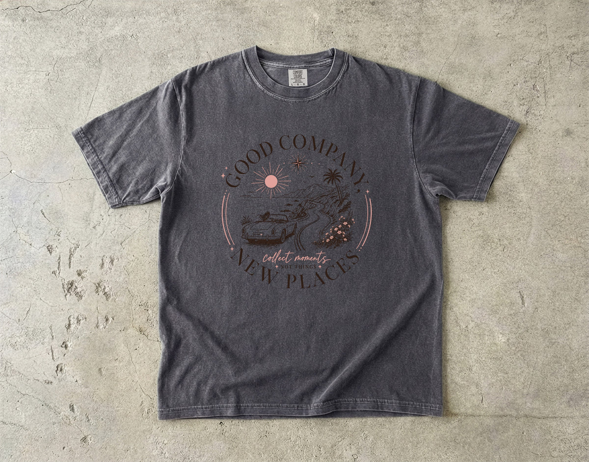Good Company New Places Girls Trip Shirt in Pepper – flat lay