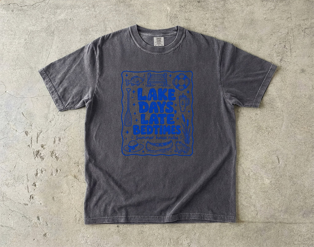 Lake Days Late Bedtimes Lake Vacation Shirt in Pepper – flat lay