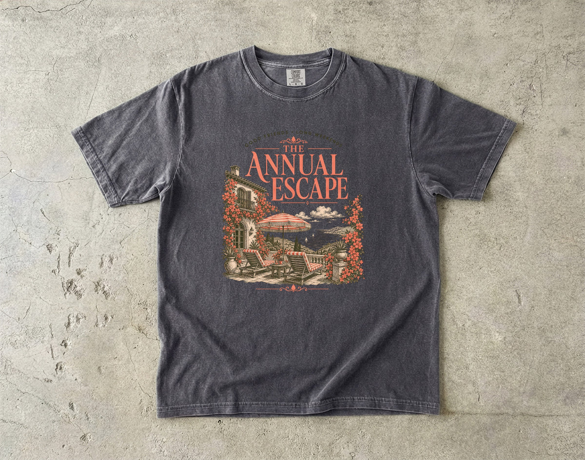 The Annual Escape Girls Trip Shirt in Pepper – flat lay