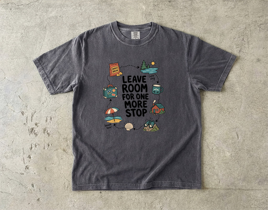 Leave Room for One More Stop Road Trip Shirt in Pepper – flat lay