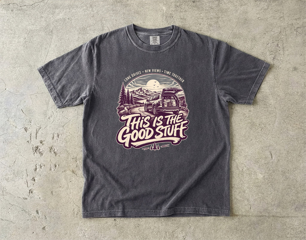 This Is the Good Stuff Road Trip Shirt in Pepper – flat lay