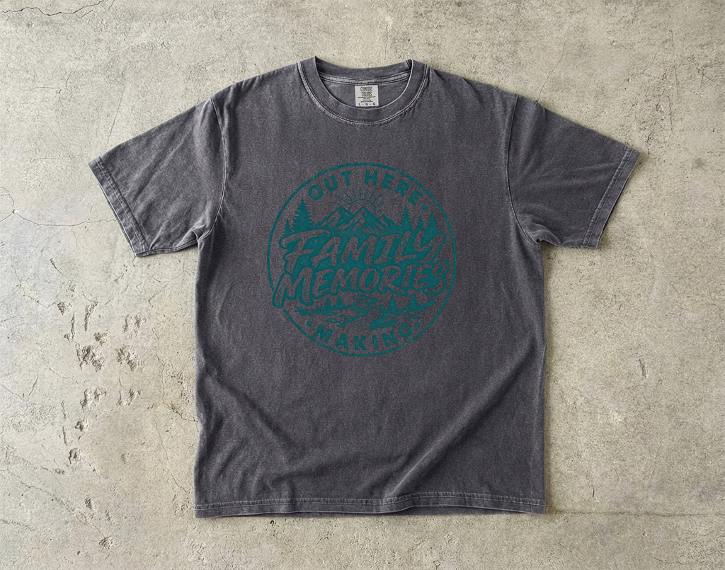 Out Here Making Family Memories Shirt in Pepper – flat lay