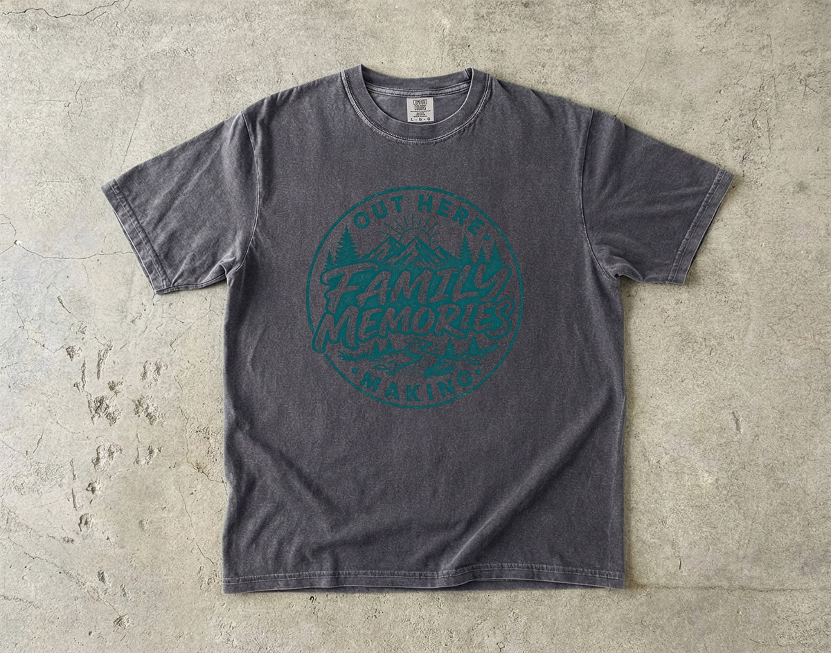 Out Here Making Family Memories Shirt in Pepper – flat lay