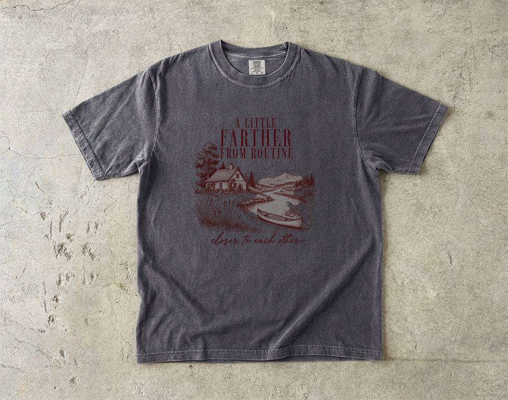 A Little Farther from Routine Family Getaway Shirt in Pepper – flat lay