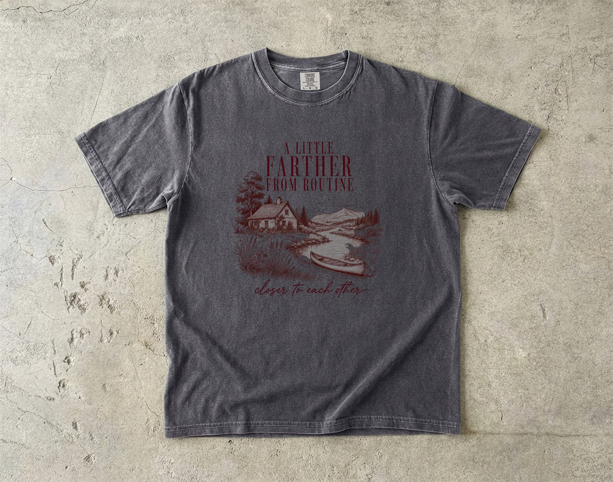 A Little Farther from Routine Family Getaway Shirt in Pepper – flat lay