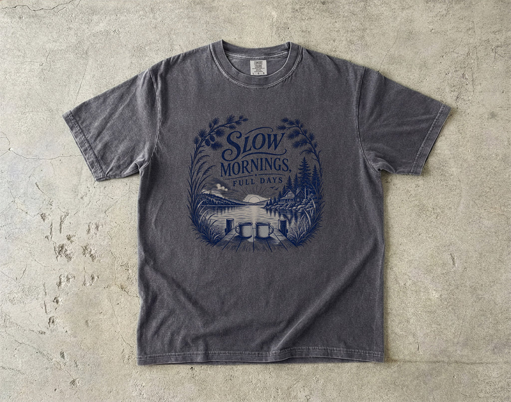 Slow Mornings Full Days Lake Vacation Shirt in Pepper – flat lay