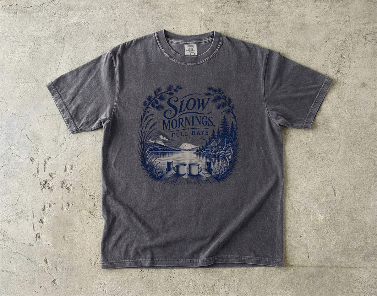 Slow Mornings Full Days Lake Vacation Shirt in Pepper – flat lay