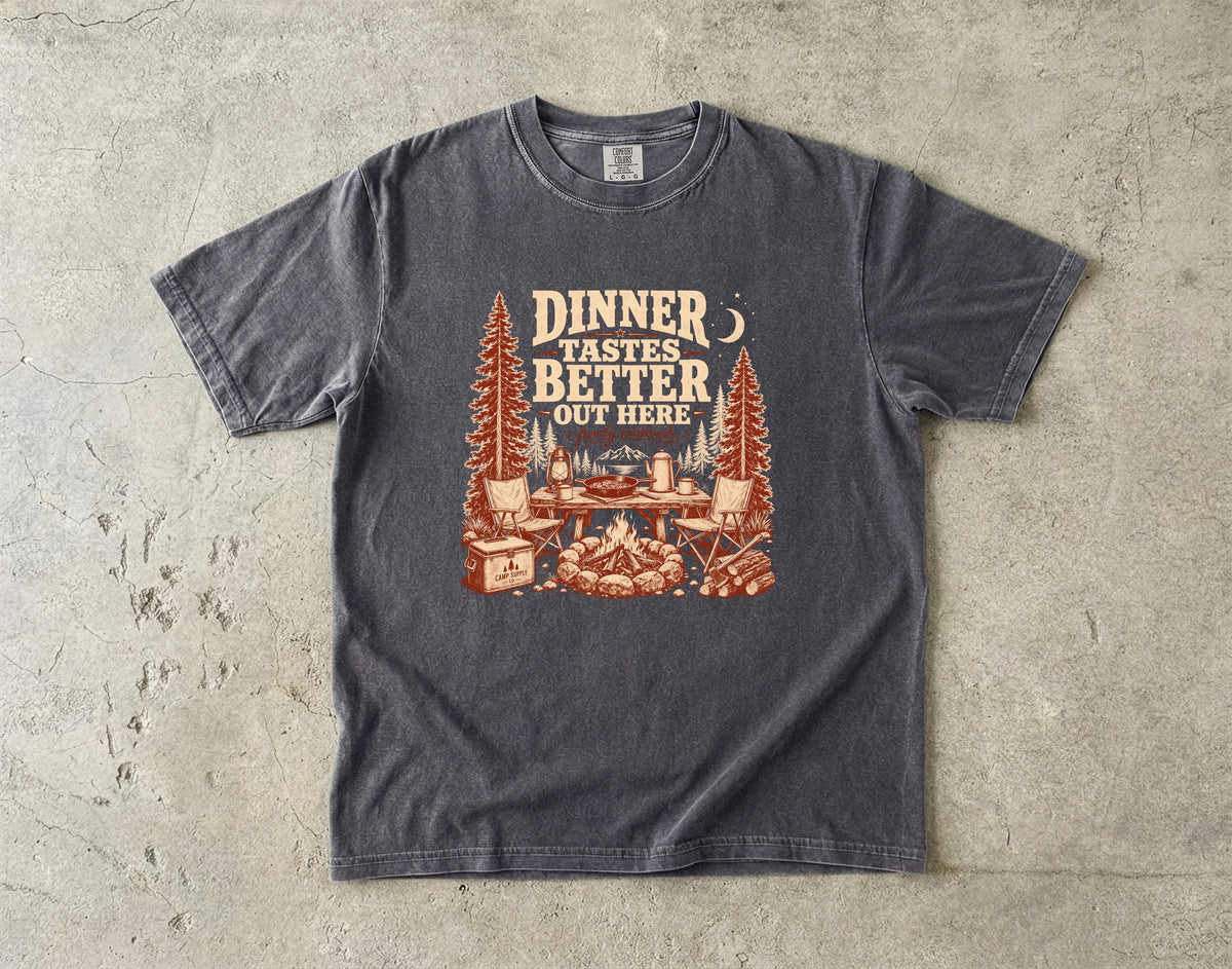 Dinner Tastes Better Out Here Camping Shirt in Pepper – flat lay