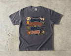Our Family Runs on Reservations and Road Snacks Road Trip Shirt in Pepper – flat lay