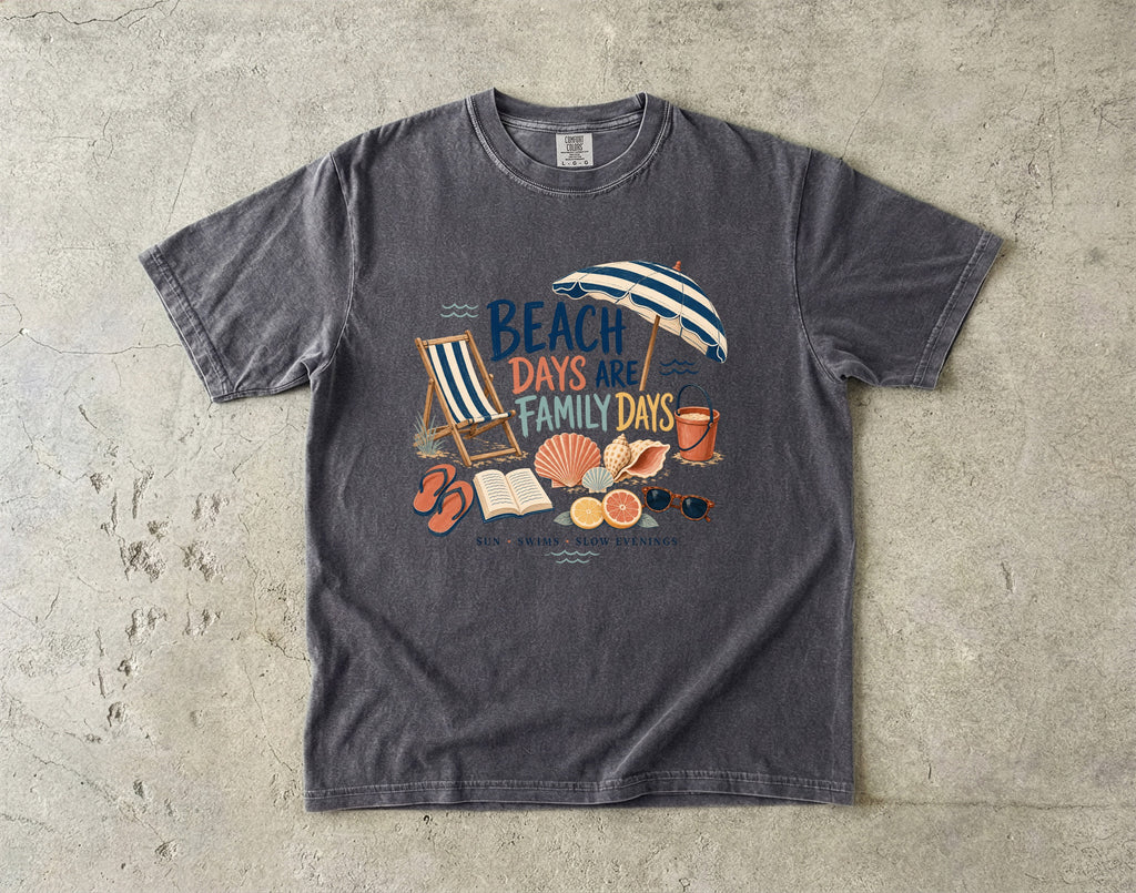Beach Days Are Family Days Beach Vacation Shirt in Pepper – flat lay