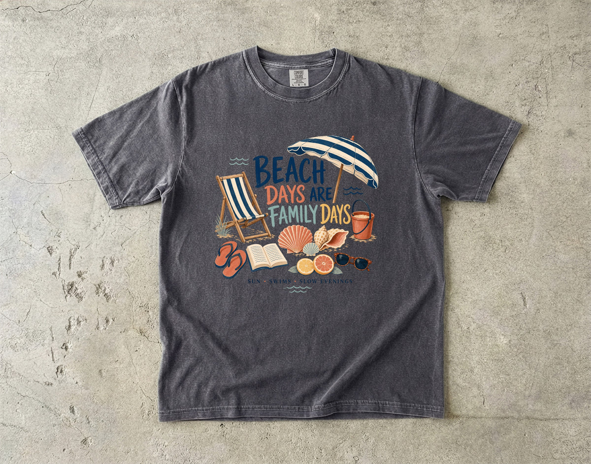 Beach Days Are Family Days Beach Vacation Shirt in Pepper – flat lay