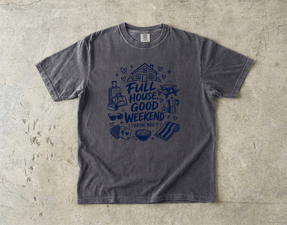 Full House Good Weekend Family Getaway Shirt in Pepper – flat lay