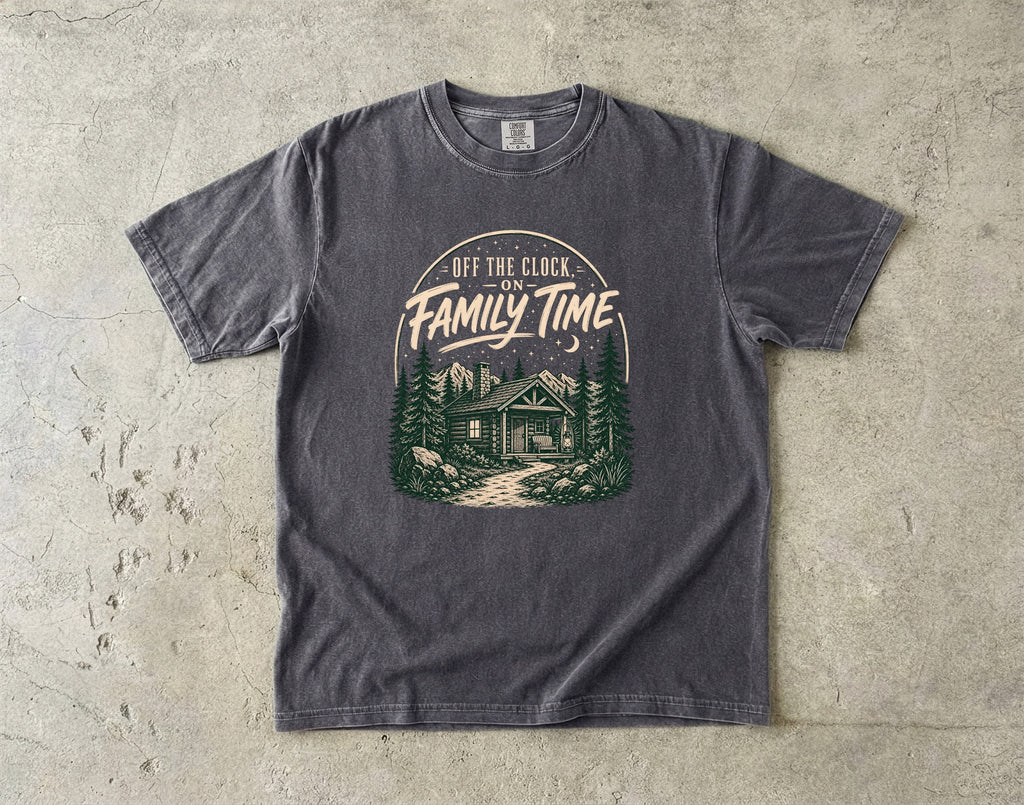 Off the Clock on Family Time Cabin Weekend Shirt in Pepper – flat lay