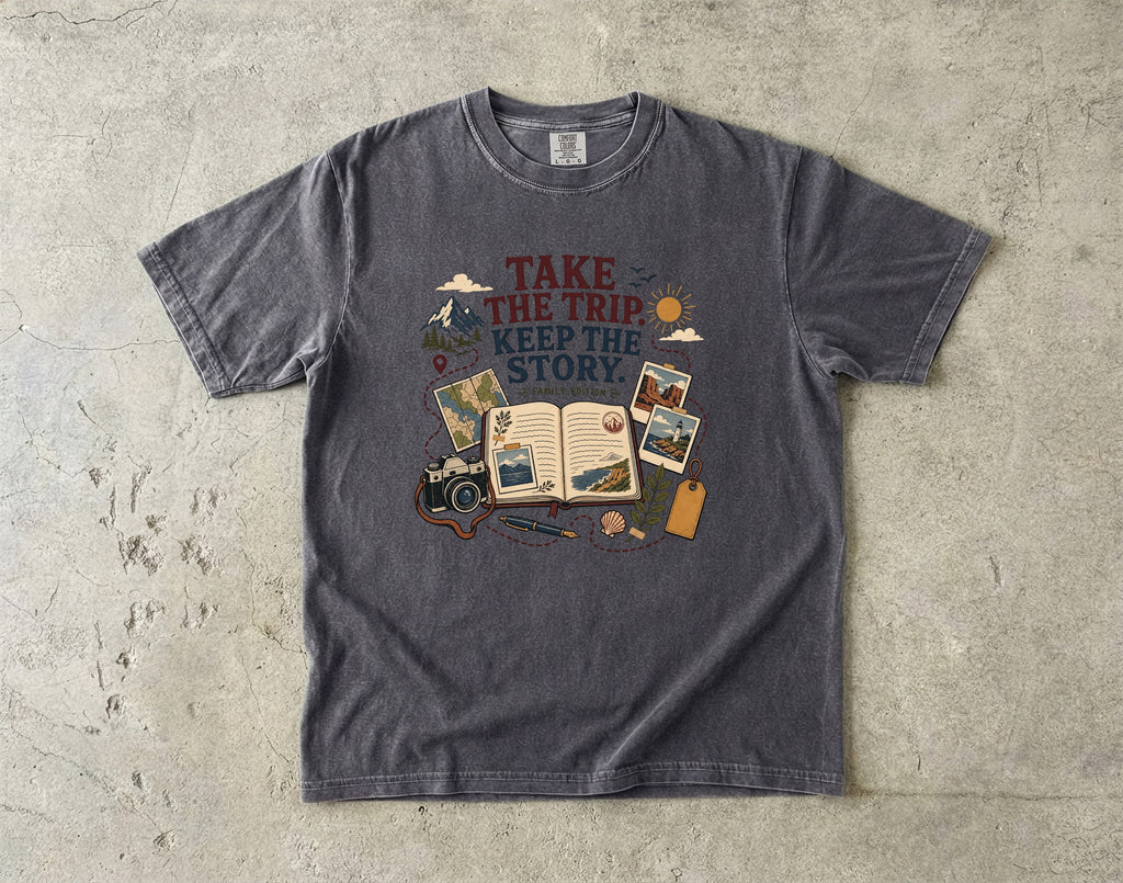 Take the Trip Keep the Story Road Trip Shirt in Pepper – flat lay