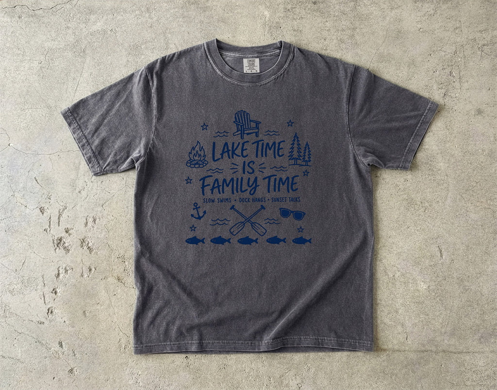 Lake Time Is Family Time Lake Vacation Shirt in Pepper – flat lay