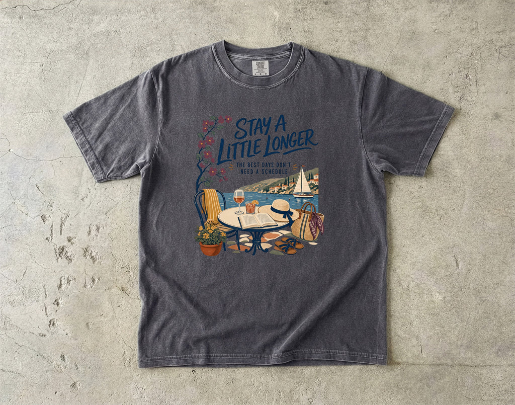 Stay a Little Longer Girls Trip Shirt in Pepper – flat lay